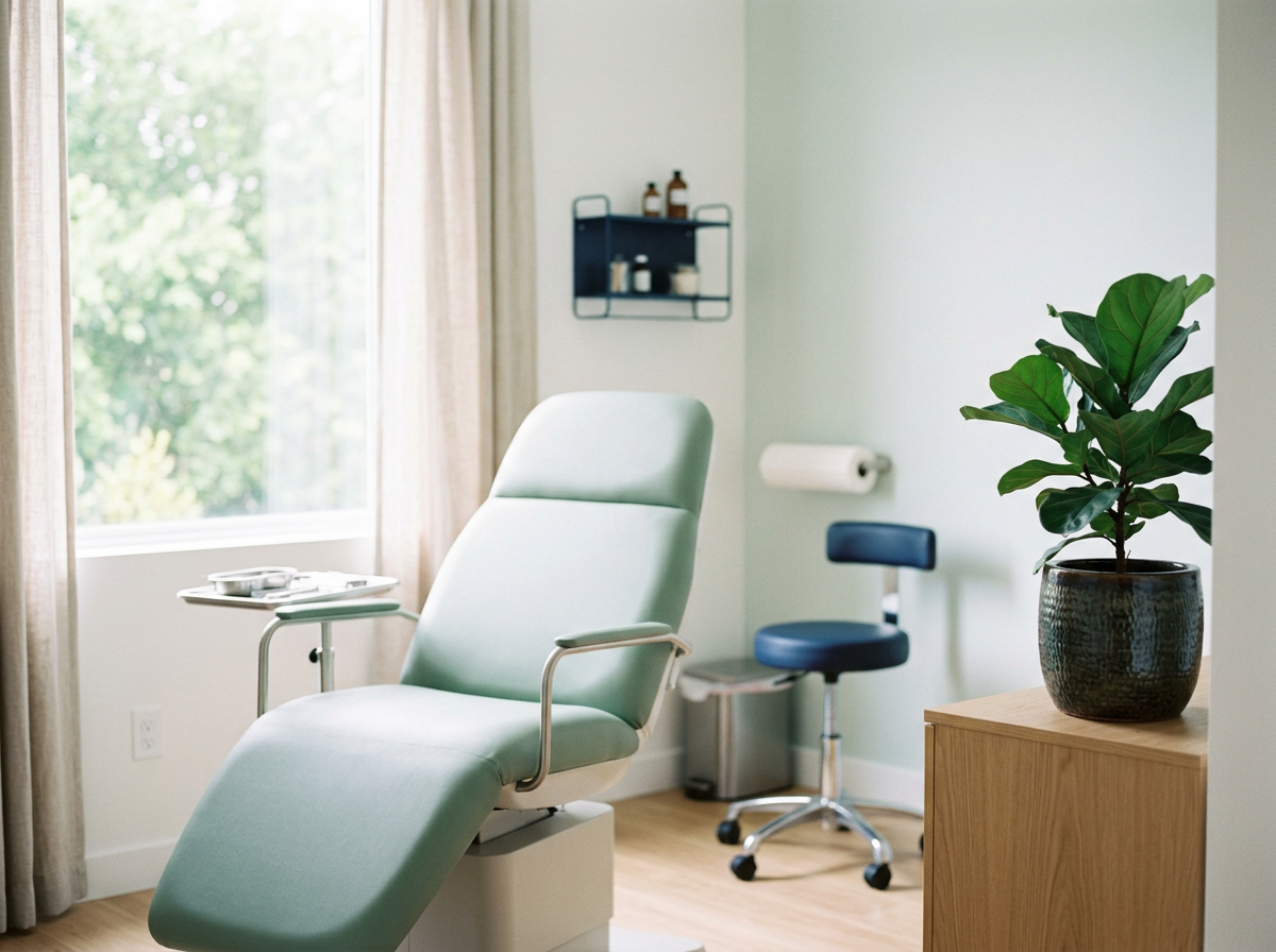 A modern specialty clinic exam room with a green plant