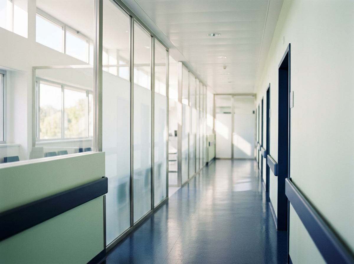 A bright hospital corridor with glass walls